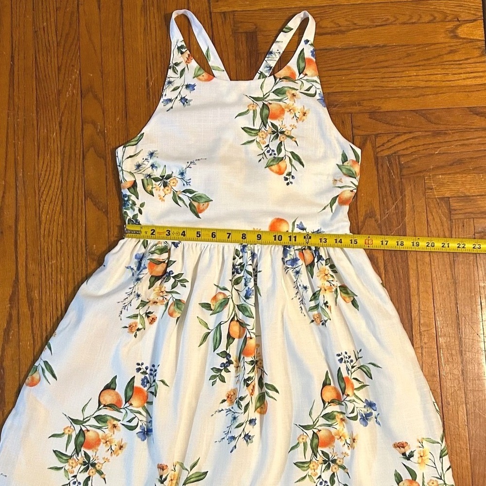 Citrus Botanical Midi Dress SZ S White Orange Mediterranean Vacation Resortwear - Picture 7 of 13